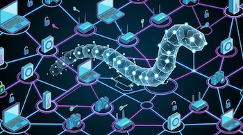 Ilustración isométrica de una red digital con laptops, routers, cámaras, termómetros conectados por líneas. Un gusano digital translúcido y brillante atraviesa la red, con candados y llaves.
