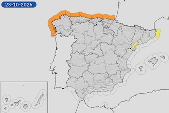 Avisos meteorológicos por fenómenos costeros y viento en España el viernes 23 de octubre de 2026. (Aemet)