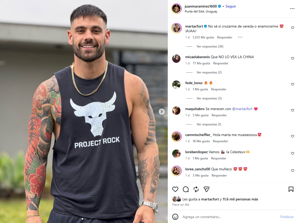 La hija de Ricardo Fort escribió “No sé si cruzarme de vereda o enamorarme” bajo una publicación del uruguayo, de 28 años, quien exhibió sus brazos tatuados con una musculosa negra