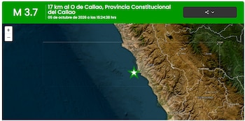 Mapa satelital de la costa de Perú con un encabezado verde que indica un sismo de magnitud 3,7 y una estrella verde frente al Callao