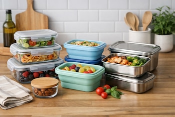 Tuppers transparentes de vidrio con comida, envases de silicona azules y verdes con frutas y granos, y recipientes de acero inoxidable con pollo y brócoli.