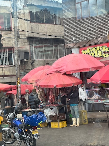 Los puestos junto a la Autopista Sur exhiben carne al aire libre y la trasladan en carretillas sin mecanismos visibles para mantener la cadena de frío - crédito X
