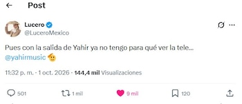 Captura de pantalla de un mensaje en la red social X publicado por la cuenta verificada de Lucero acerca de Yahir