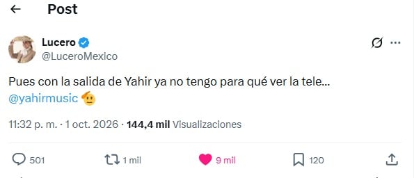 La cantante Lucero expresa en un mensaje publicado en la red social X su falta de interés por ver televisión tras la salida del músico Yahir. (Redes sociales)