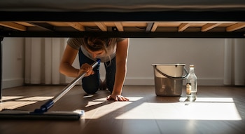 Persona limpiando el suelo de madera debajo de una cama con una mopa, junto a un cubo gris y una botella de vinagre, en una habitación iluminada por la luz natural.
