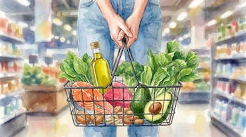 Ilustración de persona con jeans sujetando una cesta de la compra llena de salmón, aguacate, verduras, frutos secos y aceite de oliva en un supermercado.