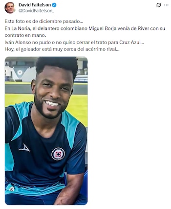 Miguel Borja estuvo cerca de ser refuerzo de Cruz Azul en diciembre de 2025, luego de incluso entrenar en La Noria y pasar los exámenes médicos. (X/ @DavidFaitelson_)