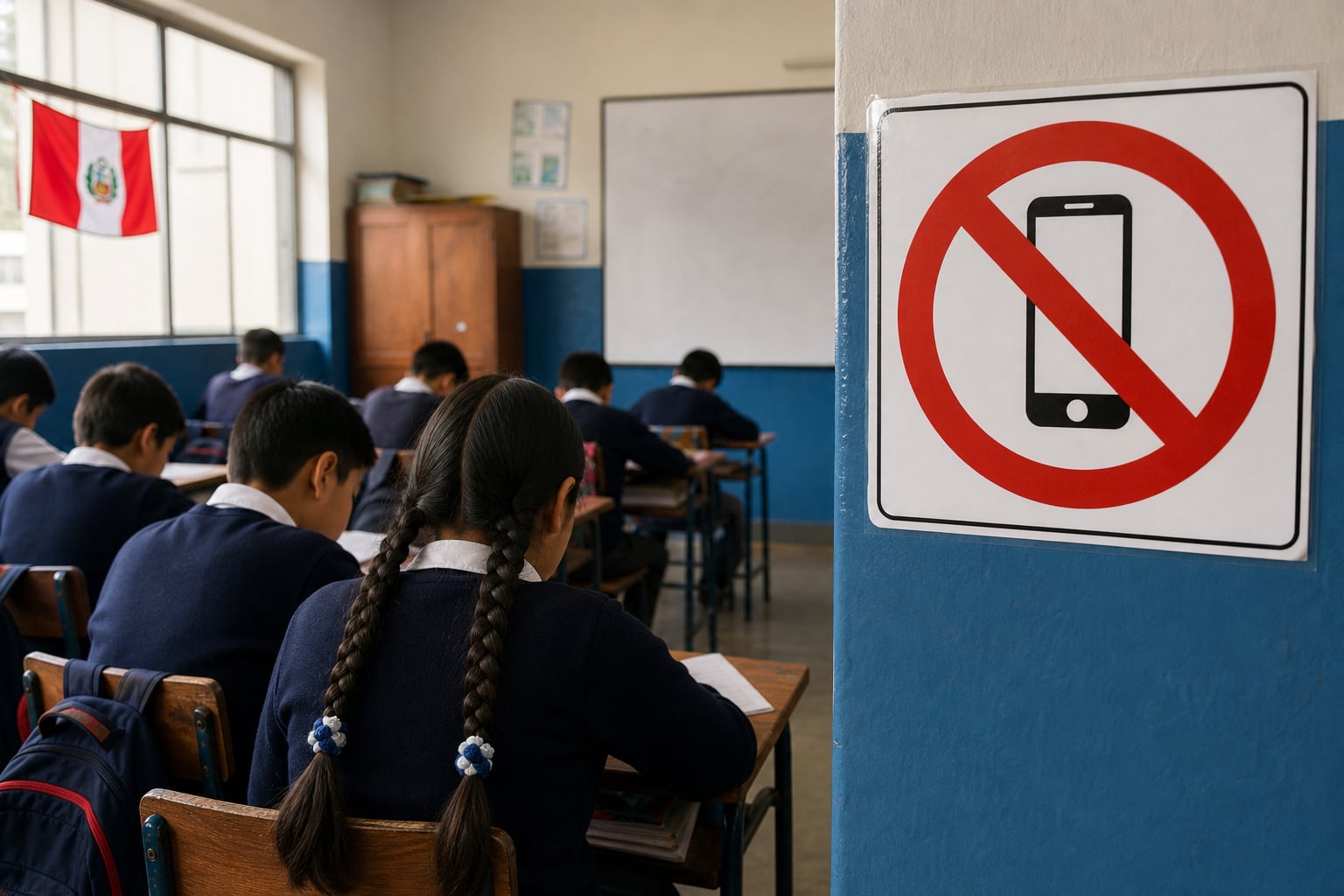 Estudiantes asisten a clases en un aula en Perú junto a una señalización que prohíbe el uso de teléfonos celulares. (Imagen Ilustrativa Infobae)