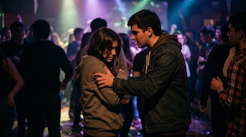 Un joven sostiene por los brazos a una chica que mira hacia abajo en una discoteca con luces de colores y personas en el fondo.