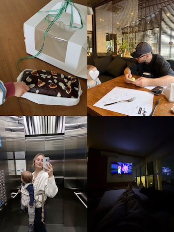 Collage de cuatro imágenes: bizcocho de chocolate con mano de niño, caja; hombre con bebé en café; mujer con bebé en elevador; pies viendo televisión