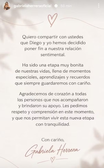 Captura de pantalla de un texto publicado en la cuenta de Instagram de Gabriela Herrera que anuncia el fin de su relación sentimental