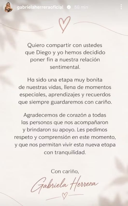 Gabriela Herrera comunica la finalización de su relación sentimental con Diego Chávarri a través de un mensaje en redes sociales.