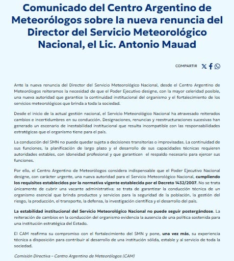El Centro Argentino de Meteorólogos emitió un comunicado dando a conocer su preocupación ante la nueva renuncia del titular del Servicio Meteorológico Nacional, Antonio Mauad (Centro Argentino de Meteorólogos)
