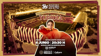 Póster promocional del Festival Acordes de Primavera con la imagen de Yuridia en primer plano, superpuesta sobre un estadio reimaginado en tonos cálidos.