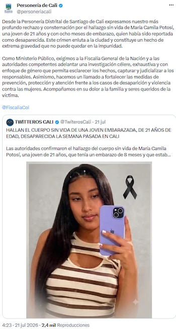 Rechazo institucional en Cali tras feminicidio de joven embarazada, pidieron investigación exhaustiva - crédito @personeriacali/X