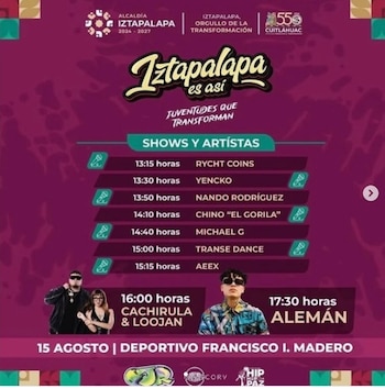 Cartel promocional vertical con el logo de la Alcaldía Iztapalapa, un programa de shows y artistas, fotos de Alemán, Cachirula y Loojan