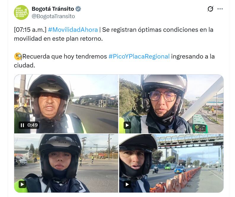 En las primeras horas del lunes 3 de noviembre, se registra trafico normal sobre las principales entradas de Bogotá - crédito @BogotaTransito/X