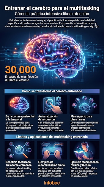 Ilustración digital de cerebro humano con redes neuronales. Texto sobre 30.000 ensayos y paneles gráficos de transformación y límites del multitasking.