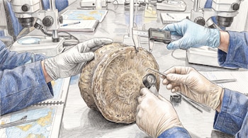 Manos con guantes blancos y azules miden un fósil redondo y marrón con un calibrador digital y una lupa en una mesa de laboratorio con microscopios.
