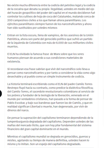 El presidente Gustavo Petro señaló al ELN de pasar a ocupar el lugar de los ejércitos paramilitares y de controlar los cultivos de hoja de coca en el Catatumbo - crédito @petrogustavo/X