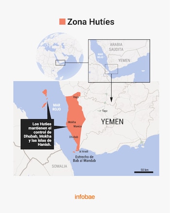 El mapa muestra la ofensiva de los Huties para controlar el estrecho de Bab el Mandab, que es importante pata el transporte global de petróleo