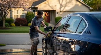 Un hombre en camiseta gris y pantalones cortos lava un coche azul oscuro con una esponja amarilla, salpicando agua en el suelo, con una casa y árboles al fondo.