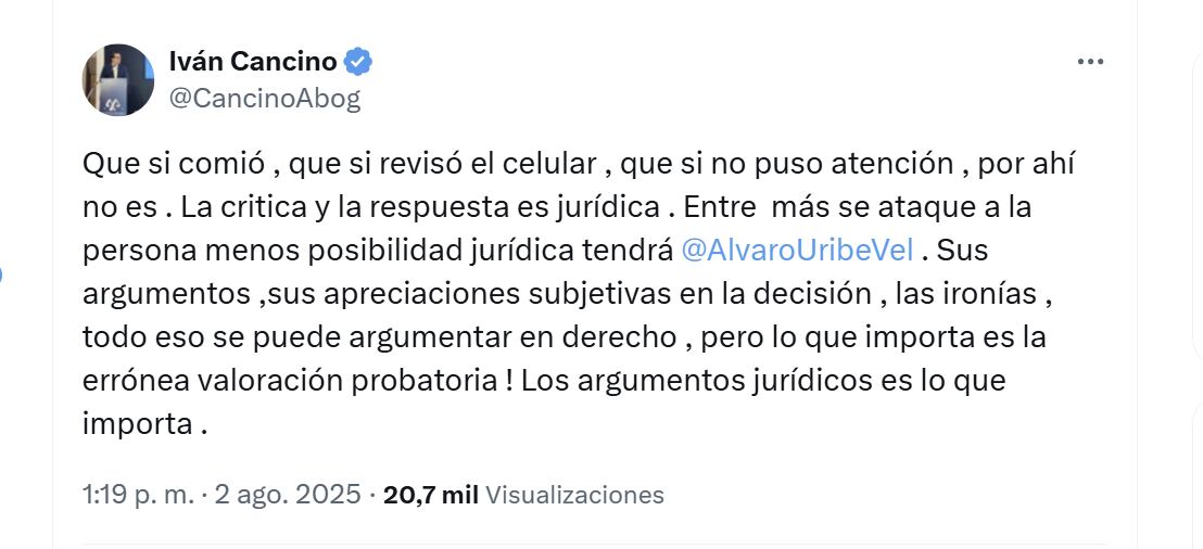 El abogado penalista Iván Cancino rechazó decisión de la jueza Sandra Liliana Heredia de condenar al expresidente Álvaro Uribe - crédito @CancinoAbog/X