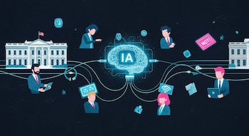 Ilustración digital de un cerebro luminoso con "IA" en el centro, conectado por cables a la Casa Blanca, figuras abstractas y símbolos de tecnología, sobre un fondo oscuro.