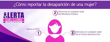 Infografía morada con el logotipo de Alerta Isabel-Claudina, la silueta de una mujer y tres pasos numerados para realizar una denuncia