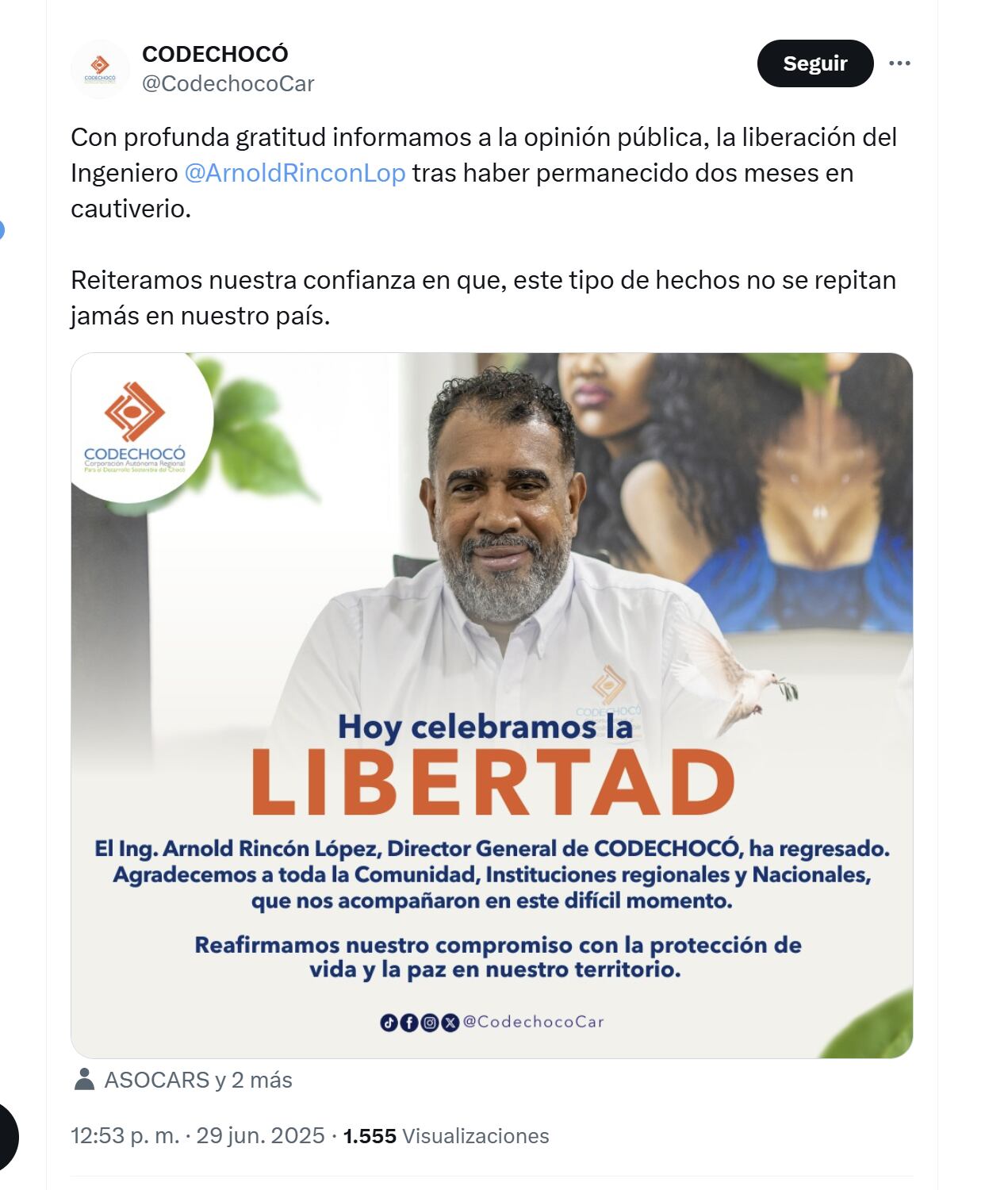 Codechocó celebró liberación del director general - crédito @CodechocoCar/X