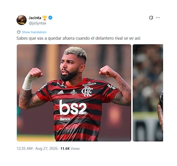 Captura de pantalla de una publicación en la red social X con texto y una foto del futbolista Gabriel Barbosa con la camiseta de Flamengo