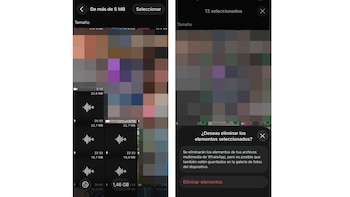Capturas de pantalla de móvil con interfaz de aplicación de mensajería: lista de archivos multimedia y diálogo de confirmación de eliminación