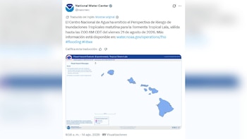 Captura de pantalla de un tuit del Centro Nacional de Agua con un mapa de Hawái y el título Flood Hazard Outlook: Tropical Storm Lala