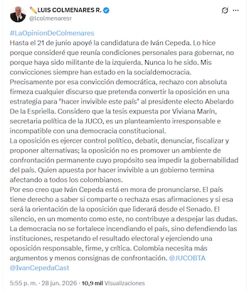 El padre del fallecido estudiante Luis Andrés Colmenares rechazó comentario de Viviana Marín que invitaba a "hacer invivible" el Gobierno de De la Espriella - crédito @lcolmenaresr/X