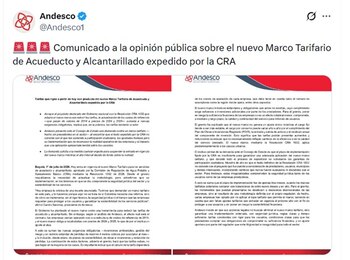 Andesco presentó ante el Consejo de Estado una demanda contra un marco tarifarioal encontrar que el texto expedido por la CRA no coincide con el que fue sometido a participación ciudadana - crédito @Andesco1/X