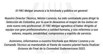 El comunicado de Melgar sobre