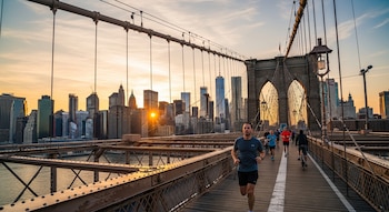 Grupo de personas corriendo y andando en bicicleta por el sendero peatonal del Puente de Brooklyn al atardecer, con la silueta de rascacielos de Manhattan y el sol poniente.