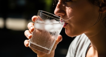 Primer plano de una mujer bebiendo agua helada de un vaso. El vaso tiene condensación y la piel y el cabello de la mujer están húmedos.