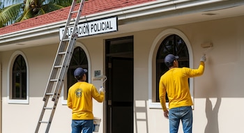 Dos hombres de espaldas, con camisas amarillas y pantalones de mezclilla, pintan la fachada de una delegación policial. Una escalera metálica visible.