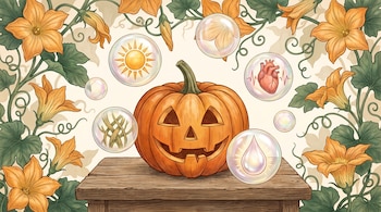 Calabaza tallada sobre una mesa de madera rodeada por burbujas con un sol, fibras, un corazón y una gota, entre plantas con flores amarillas.