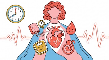 Una caricatura muestra a una mujer con un corazón. Hay un tensiómetro, una balanza, una gota de sangre, un símbolo de embarazo, un reloj y ondas de latidos.