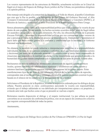 Indicaron que lo sucedido no puede atribuirse únicamente a la vocería, sino que responde a una situación compleja del sistema carcelario - crédito @tobonvillada/X