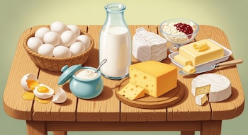 Una ilustración muestra una mesa de madera con una canasta de huevos, leche, varios quesos, mantequilla, requesón con mermelada y un recipiente de crema.