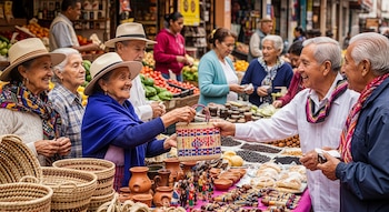 Grupo de adultos mayores sonrientes interactuando en un mercado al aire libre, con puestos llenos de frutas, artesanías como cestas, cerámica y bolsos coloridos.
