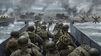 Ilustración realista que muestra a soldados aliados con uniformes y cascos saliendo de una lancha de desembarco hacia una playa bajo fuego, con humo, tanques y obstáculos.