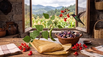 Tamal envuelto en hoja de maíz, cuenco de barro con frijoles ayocote, flores rojas y un colibrí frente a una ventana abierta.