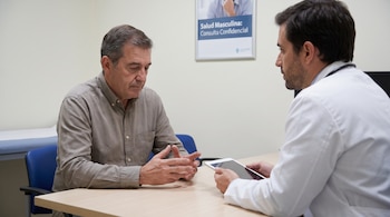 Un hombre y un médico sentados en un consultorio, con un escritorio entre ellos. El médico sostiene una tableta. Un cartel de salud masculina en la pared.