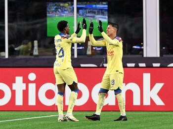 Apr 2, 2024; Foxborough, MA, USA; Club America midfielder Diego Valdes (10) celebrates with midfielder Javairo Dilrosun (24) after scoring a goal against the New England Revolution during the second half at Gillette Stadium. Mandatory Credit: Brian Fluharty-USA TODAY Sports