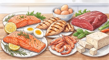 Filetes de salmón, pechugas de pollo, trozo de carne roja, huevos enteros y cocidos, camarones, tofu, rodajas de limón, romero, lechuga y zanahorias.