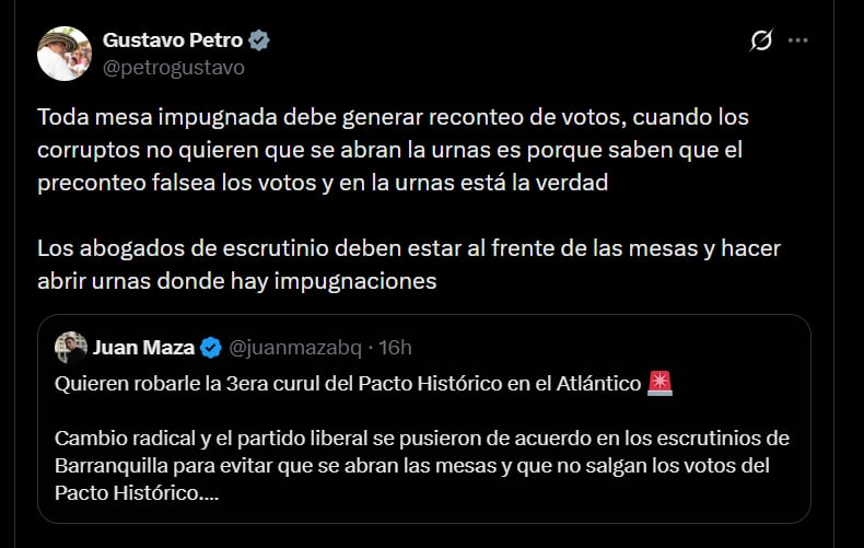 El presidente Gustavo Petro expresó su preocupación por posibles irregularidades en el conteo de votos en departamentos clave, pese a que su coalición mantiene ventaja en el Senado - crédito @petrogustavo/X